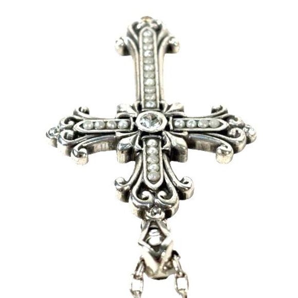 Brighton Large Cross Necklace Swarovski Crystals Pearl Pendant Long Silver Chain - Picture 7 of 13